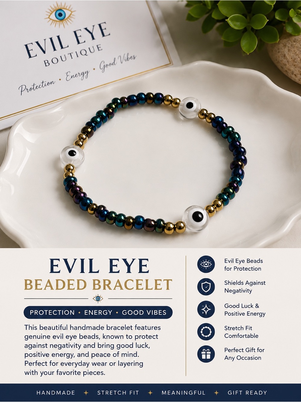 Evil Eye Beaded Bracelet - Multicolor & Gold - #51